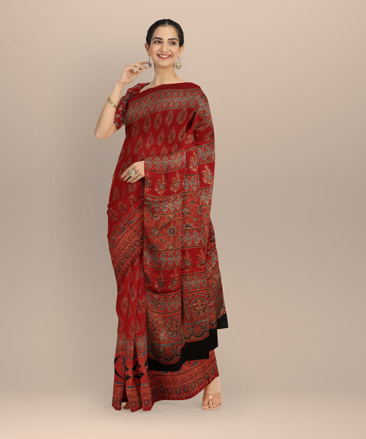 Black red hand block print ajrakh modal silk saree