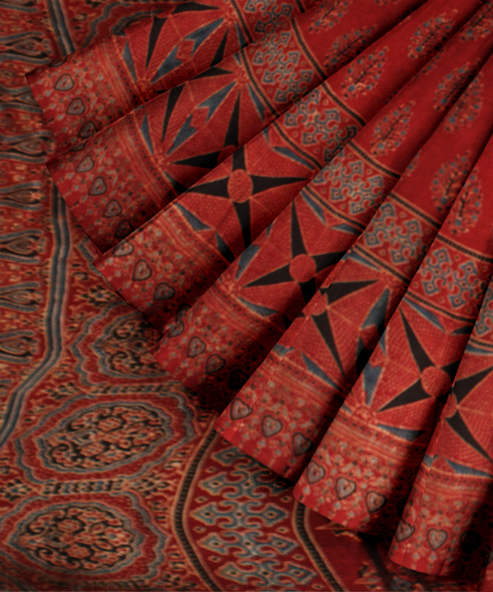 Black red hand block print ajrakh modal silk saree