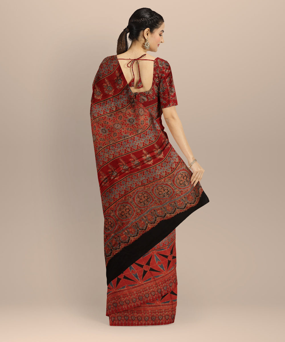 Black red hand block print ajrakh modal silk saree
