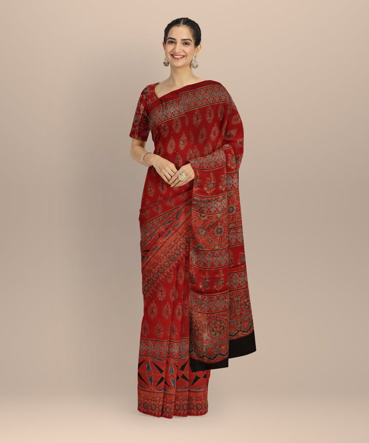 Black red hand block print ajrakh modal silk saree