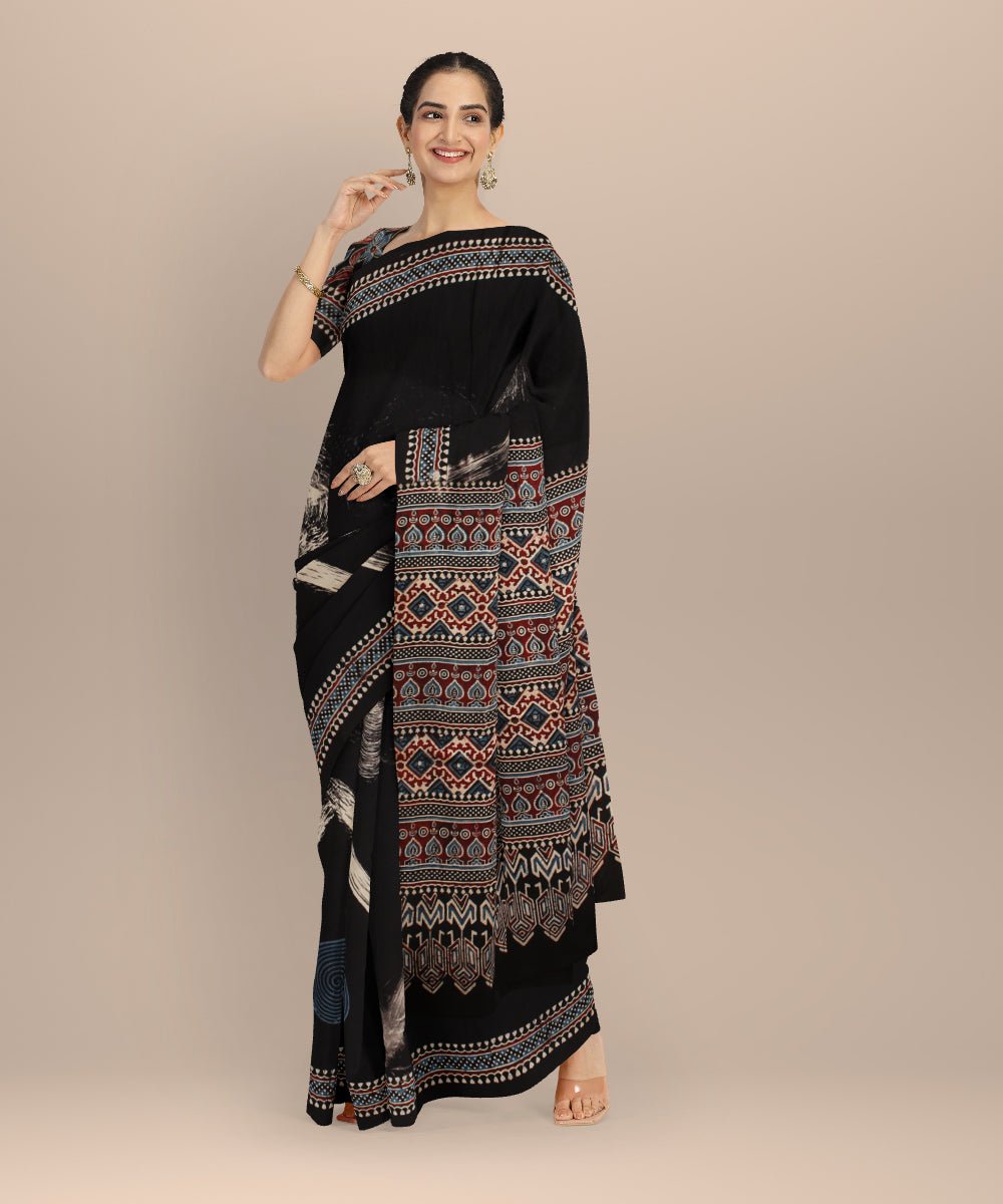 Black modal silk block printed ajrakh saree