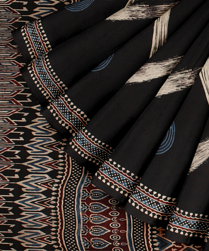 Black modal silk block printed ajrakh saree