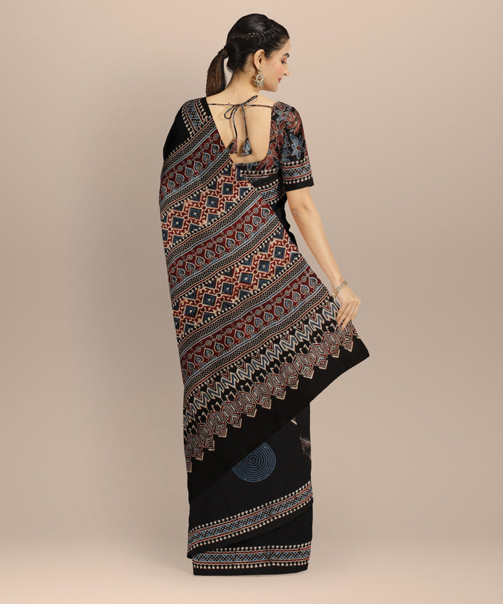 Black modal silk block printed ajrakh saree