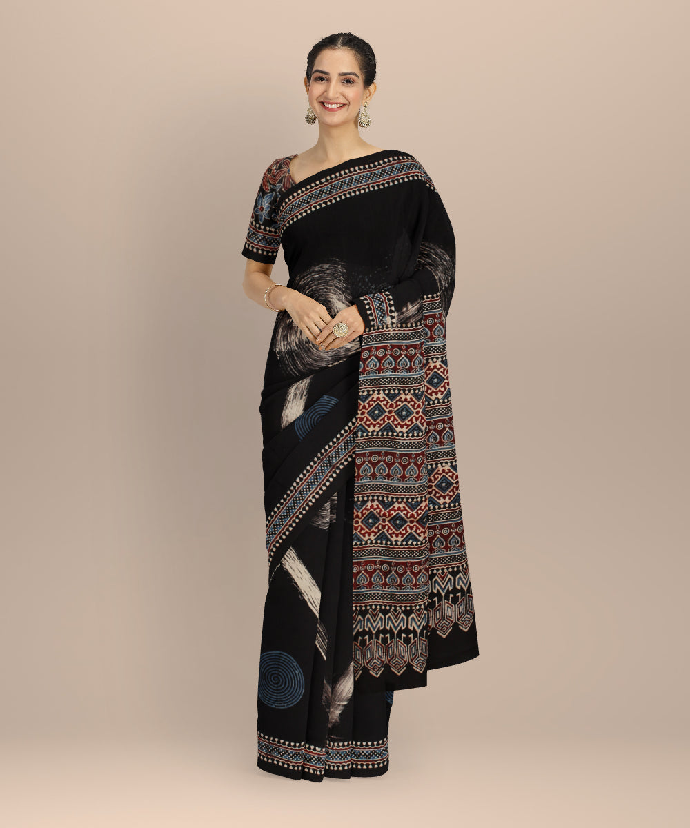 Black modal silk block printed ajrakh saree