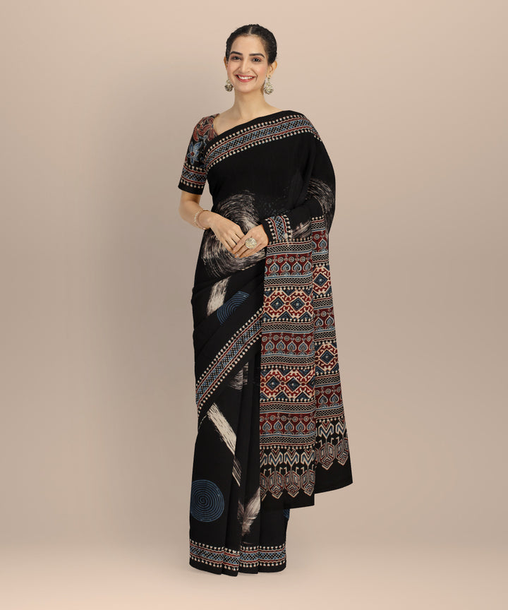 Black modal silk block printed ajrakh saree
