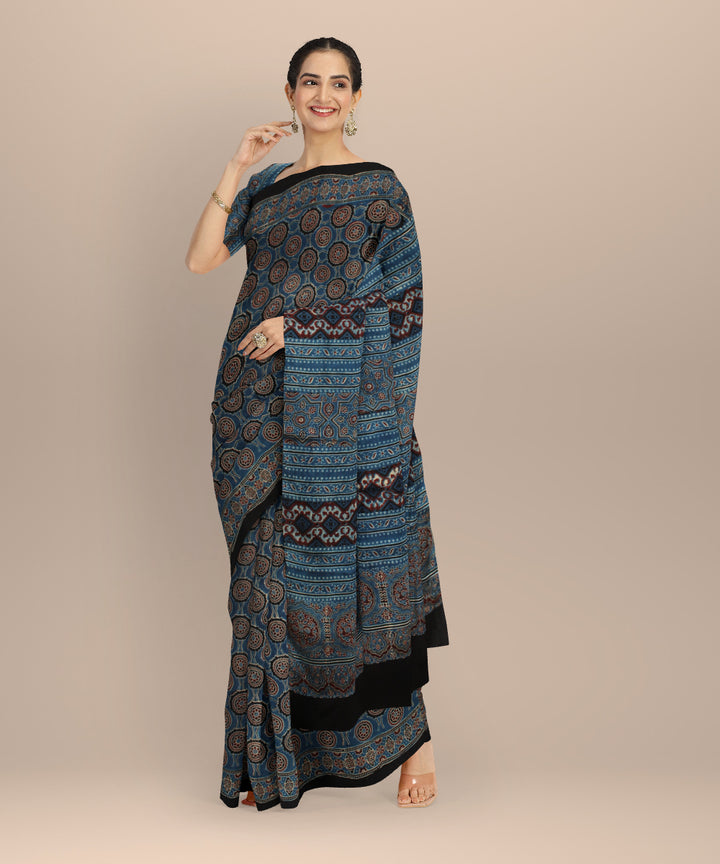 Indigo modal silk hand printed ajrakh saree