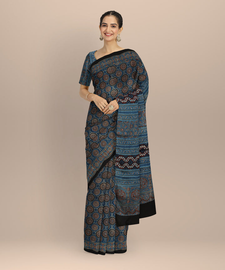 Indigo modal silk hand printed ajrakh saree