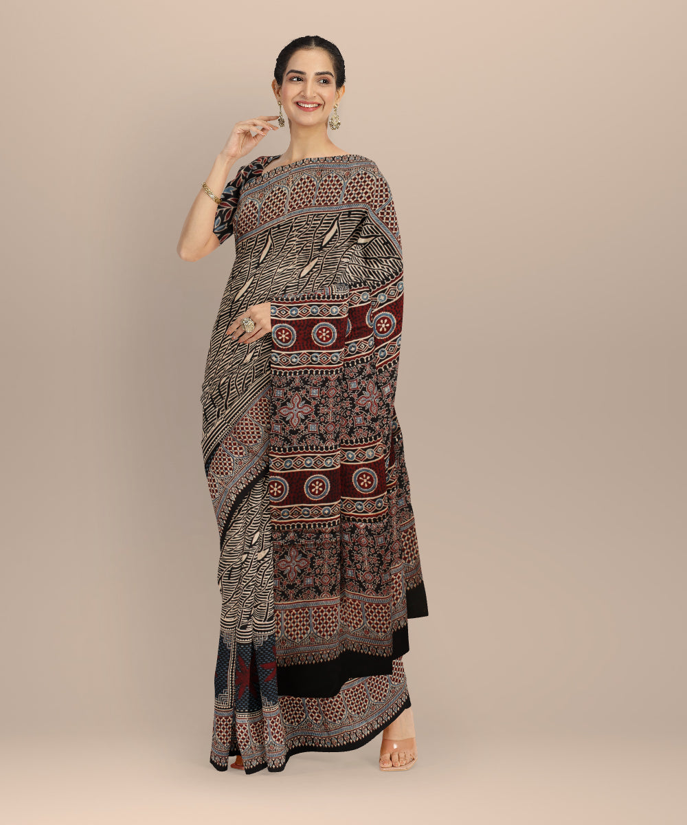 Black modal silk hand block print ajrakh saree