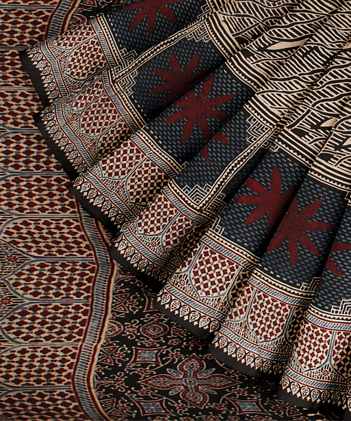 Black modal silk hand block print ajrakh saree