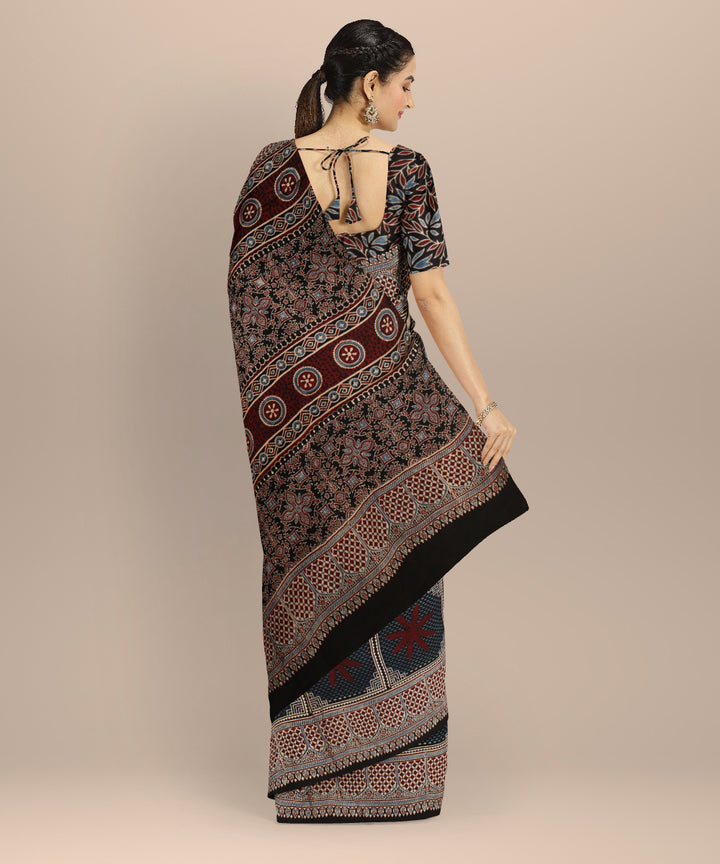 Black modal silk hand block print ajrakh saree