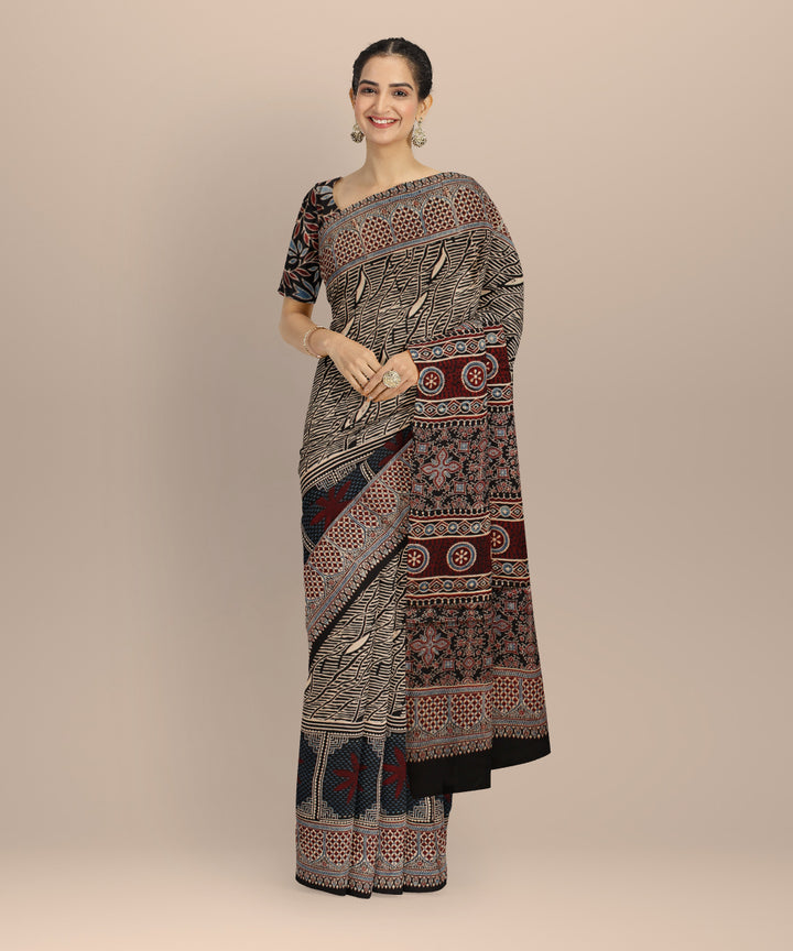Black modal silk hand block print ajrakh saree