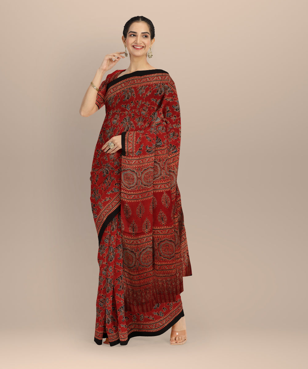 Red black hand printed ajrakh modal silk saree