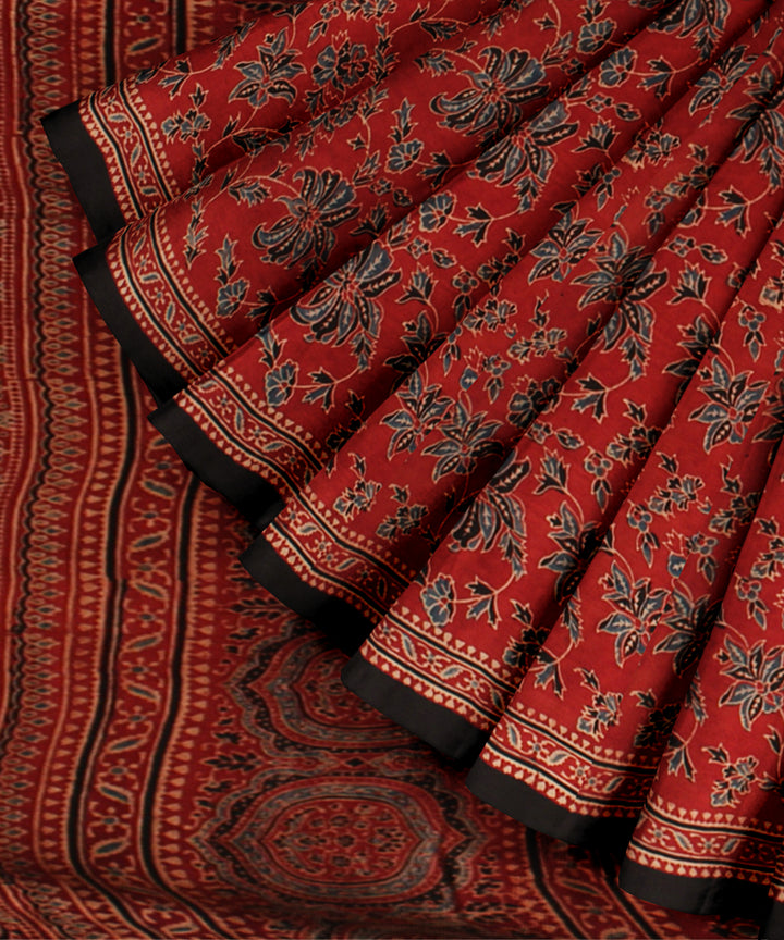 Red black hand printed ajrakh modal silk saree