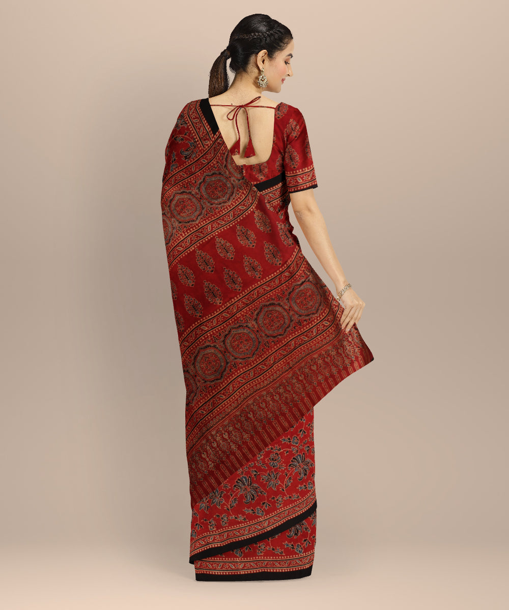 Red black hand printed ajrakh modal silk saree