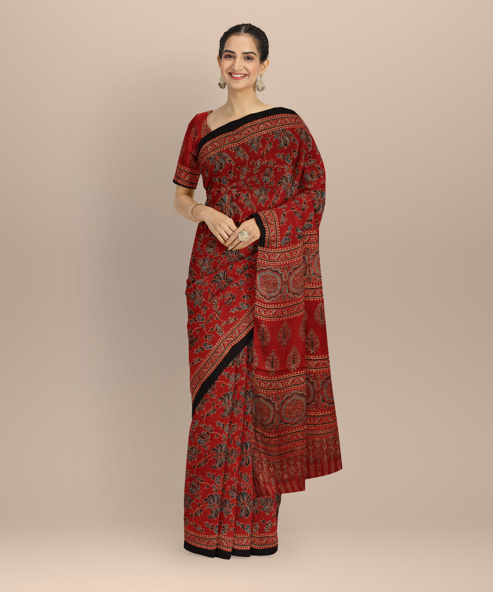 Red black hand printed ajrakh modal silk saree