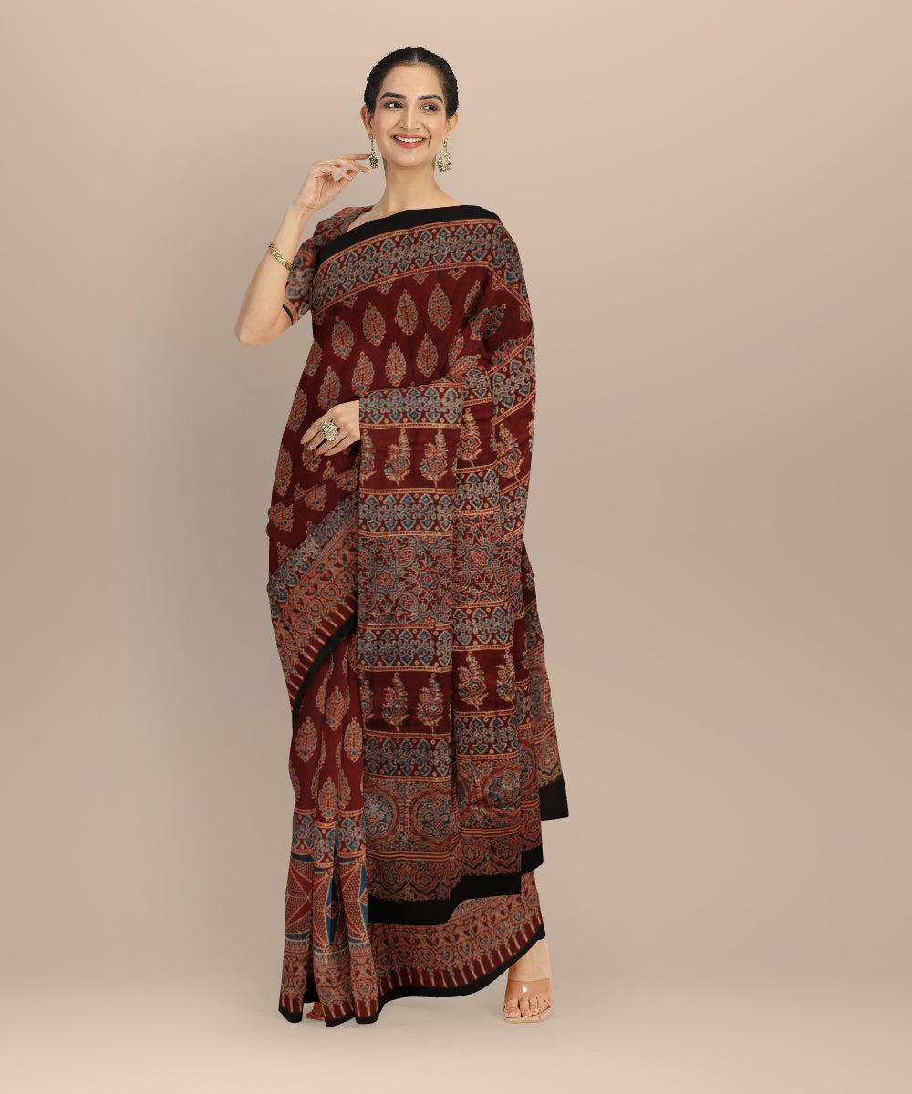 Red black modal silk hand print ajrakh saree