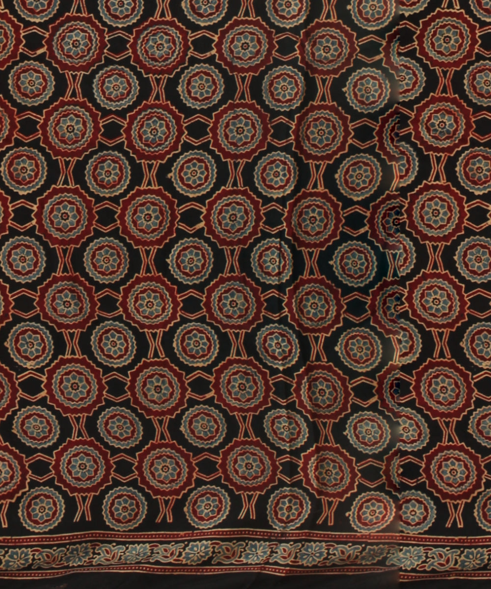 Black ajrakh hand printed modal silk saree