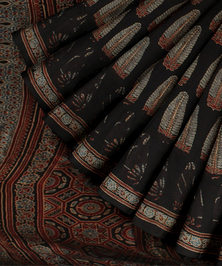 Black ajrakh hand printed modal silk saree