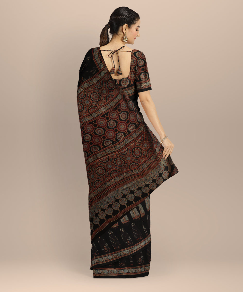 Black ajrakh hand printed modal silk saree
