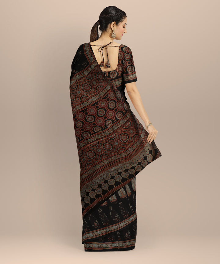 Black ajrakh hand printed modal silk saree
