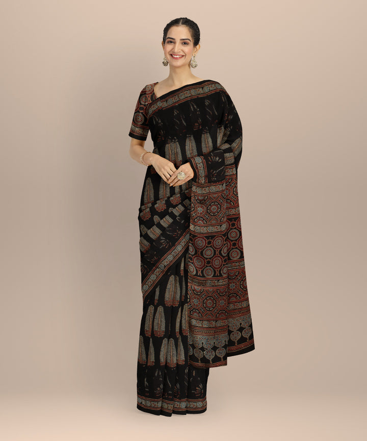 Black ajrakh hand printed modal silk saree