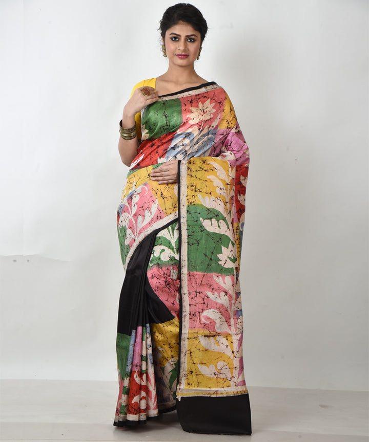 Black multicolor pallu silk hand printed batik print saree