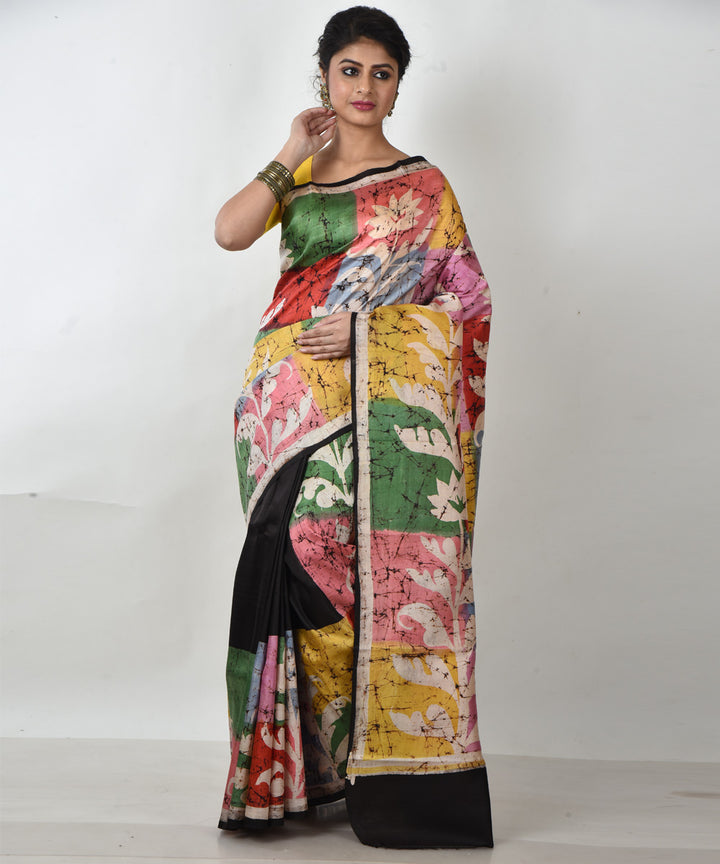 Black multicolor pallu silk hand printed batik print saree