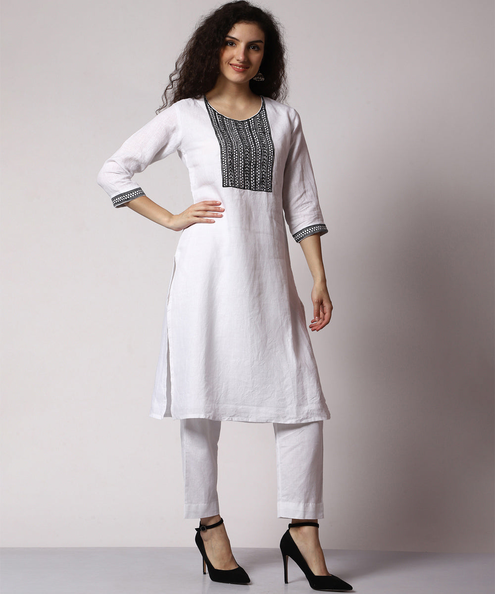 White hand embroidered 3/4 sleeve cotton kurta set