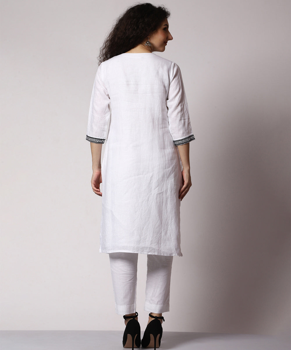White hand embroidered 3/4 sleeve cotton kurta set