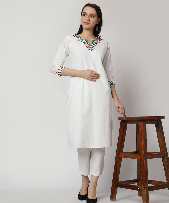 White hand embroidered cotton kurta set