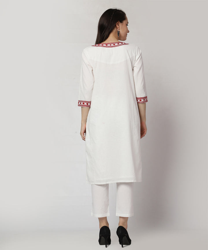White red cotton hand embroidered kurta set