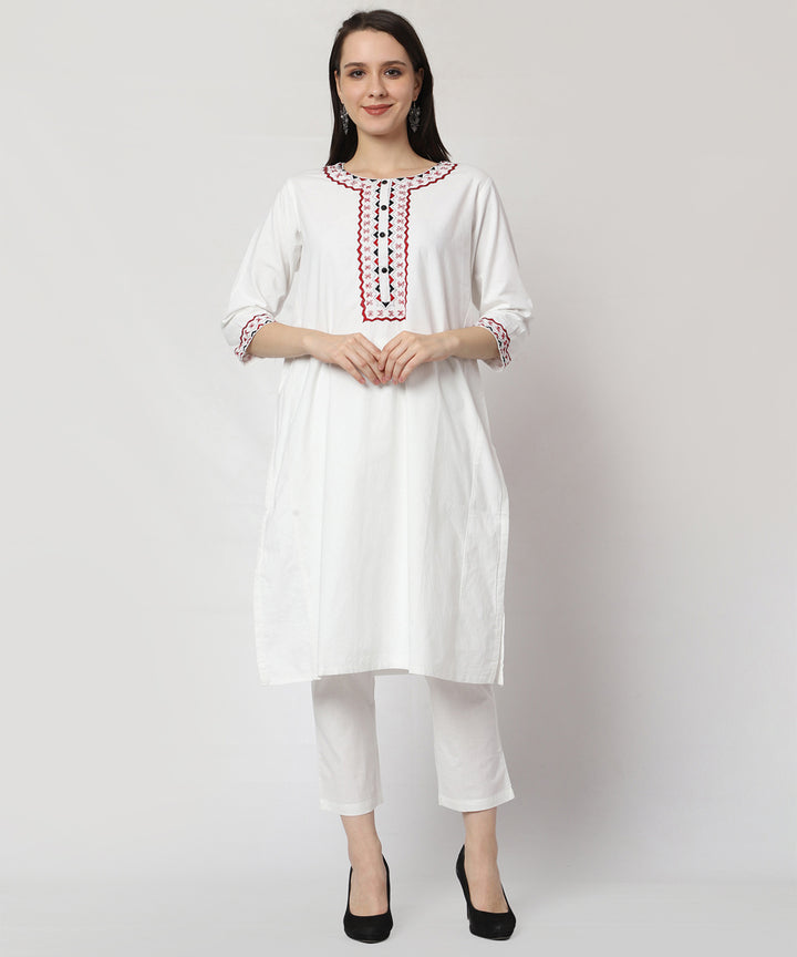 White cotton hand embroidered 3/4 sleeve kurta set