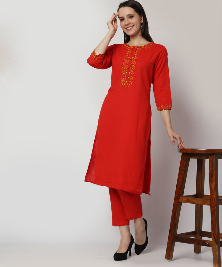 Red cotton hand embroidered kurta set