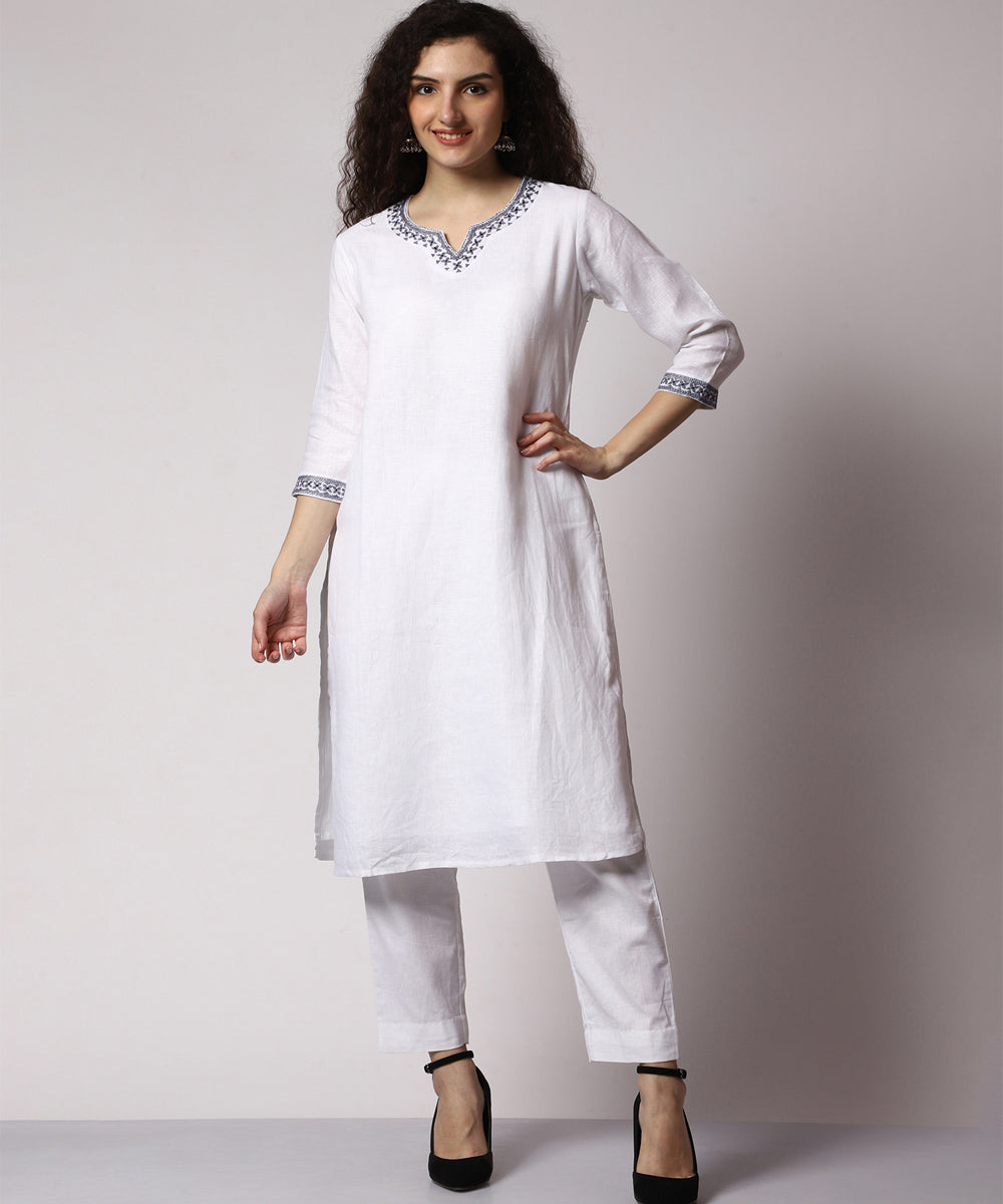 White cotton hand embroidered kurta set