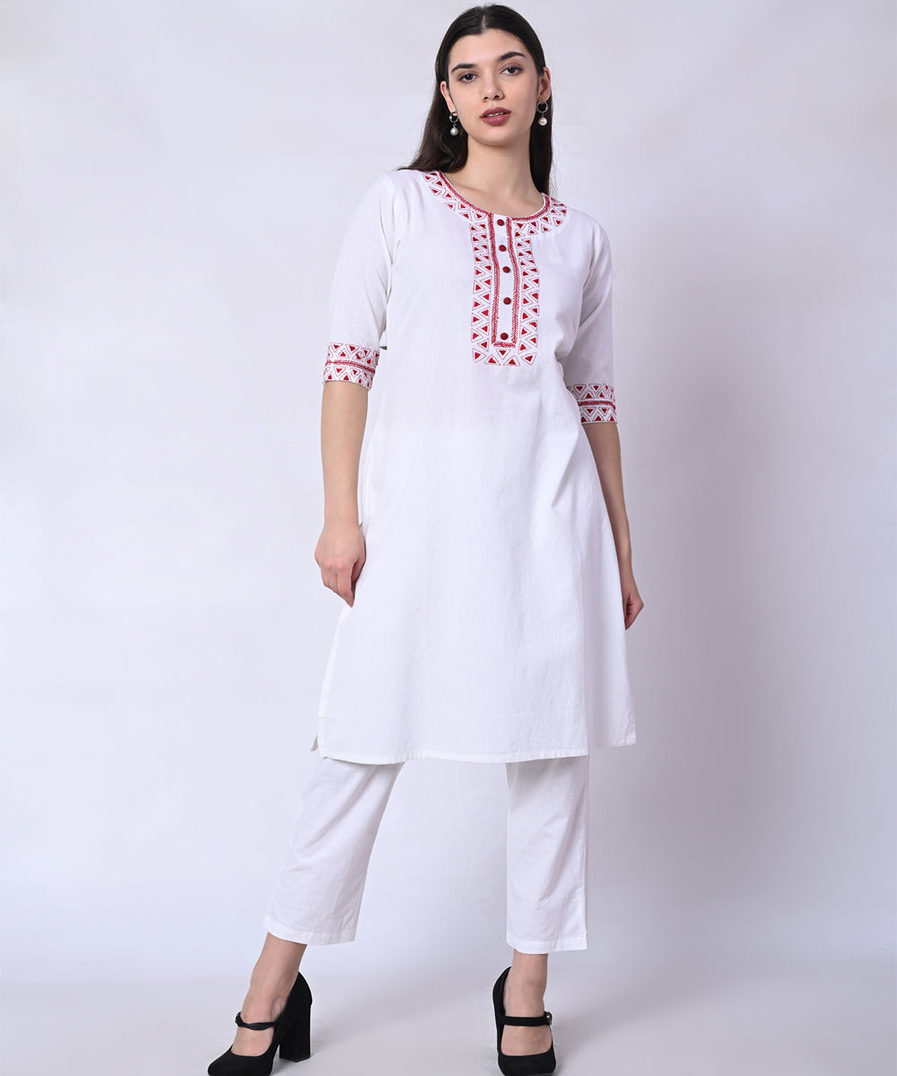White red hand embroidered cotton kurta set