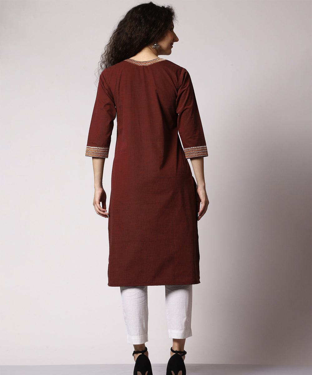 Brown handembroidered cotton 3/4 sleeves kurti
