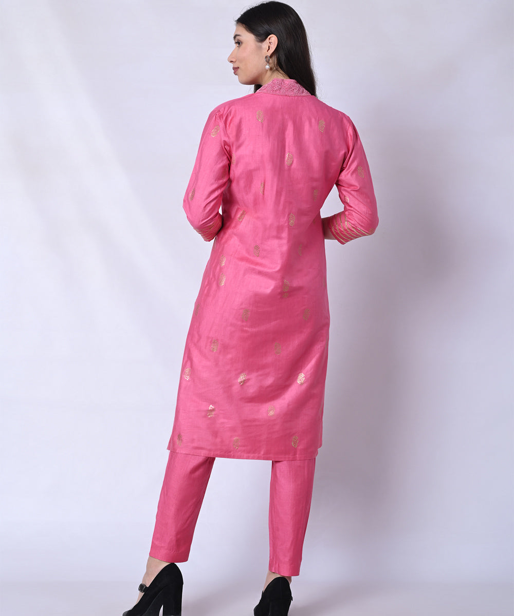 Pink handblock printed silk kurta set