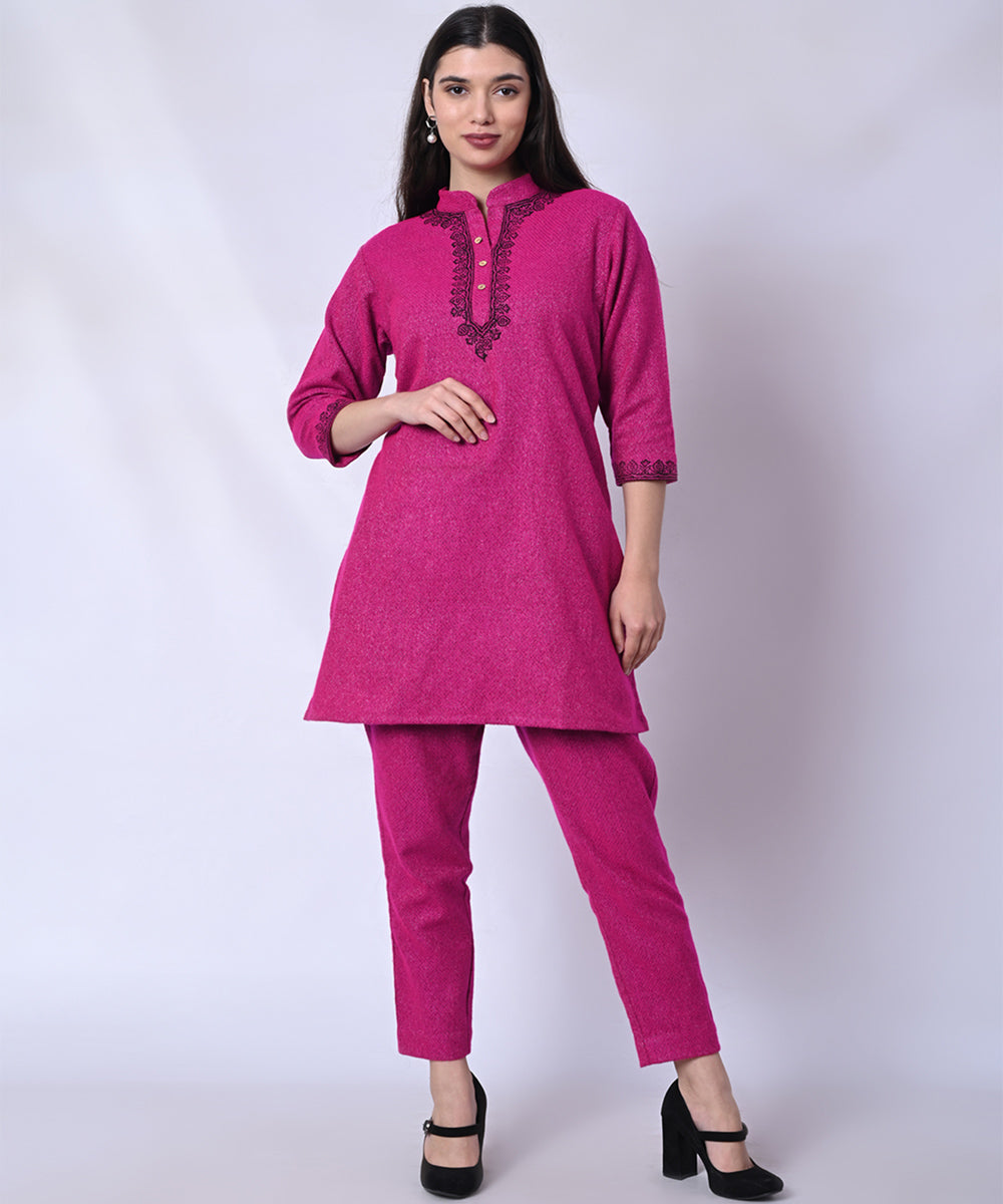 Pink hand blockprint woolen kurta set