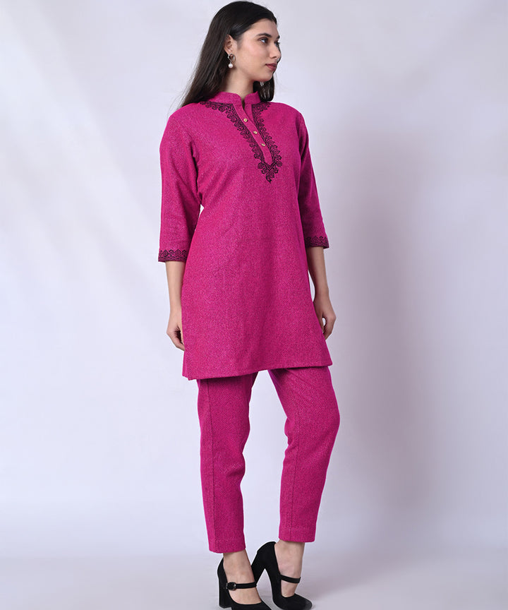 Pink hand blockprint woolen kurta set