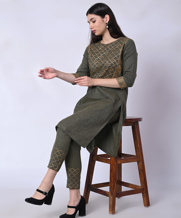 Olive green hand block printed woolen kurta set