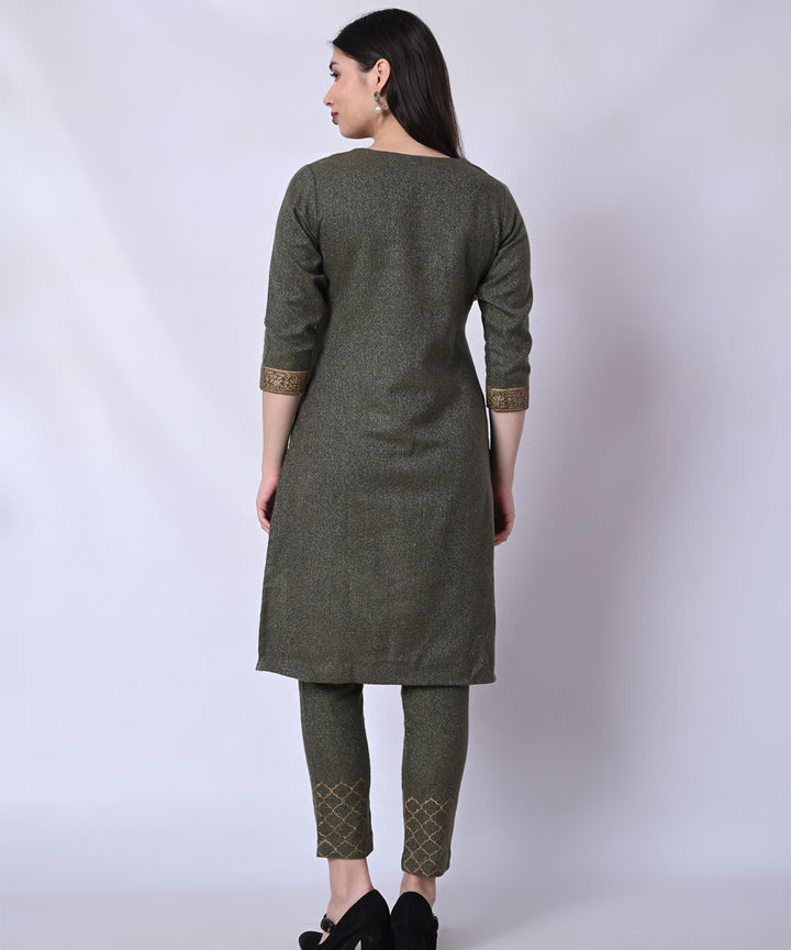 Olive green hand block printed woolen kurta set