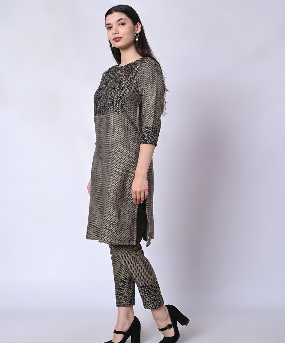 Grey hand block printed 3/4 sleeve woolen kurta set