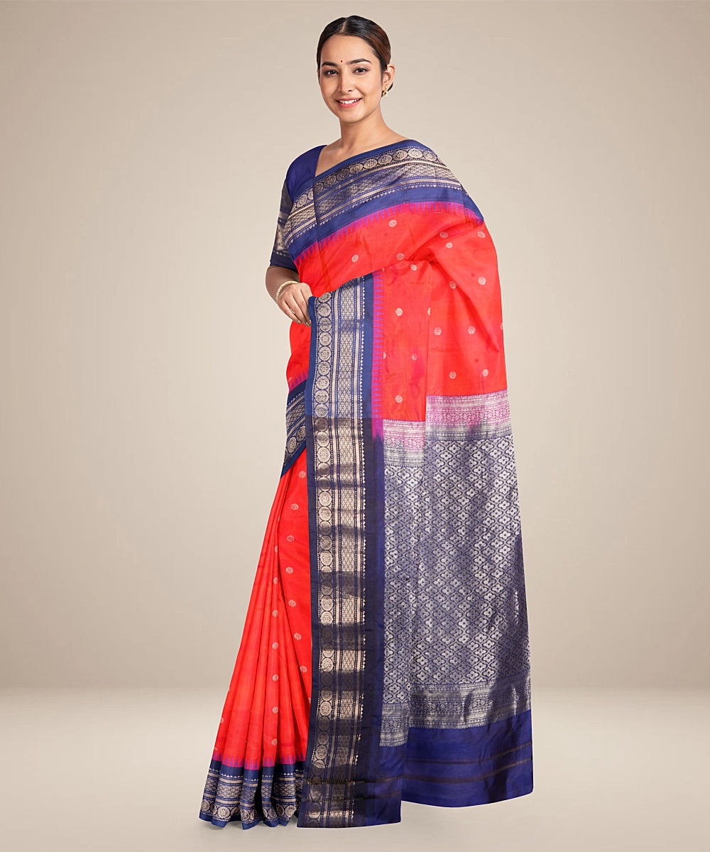 Red blue handwoven gadwal silk saree