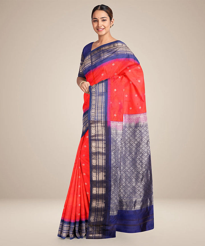 Red blue handwoven gadwal silk saree