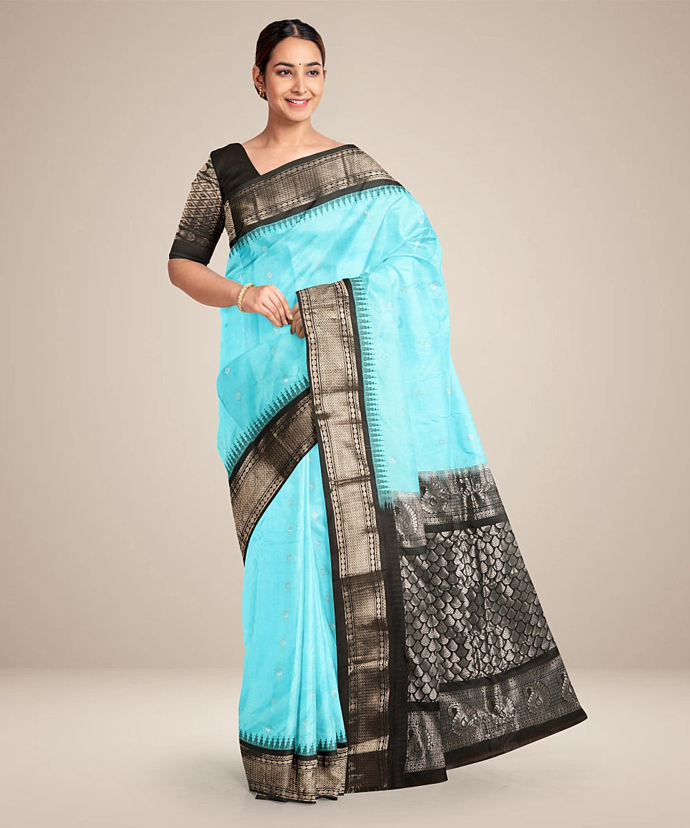 Blue black handwoven gadwal silk saree