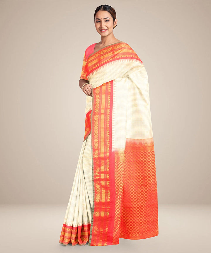 White pink handwoven gadwal silk saree