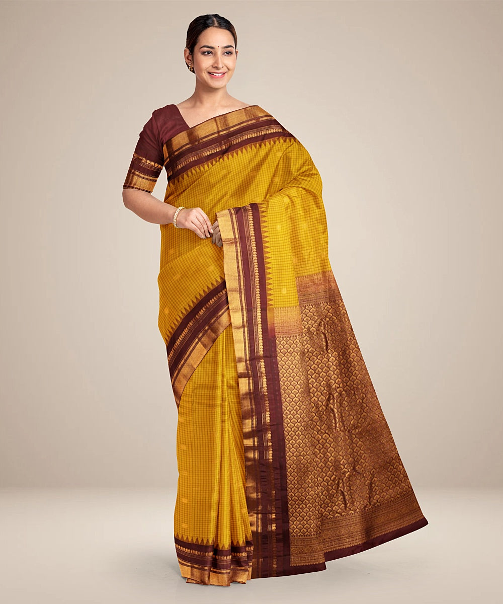 Mustard coffee brown handwoven gadwal silk saree