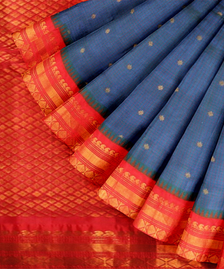 Blue red handwoven silk gadwal saree