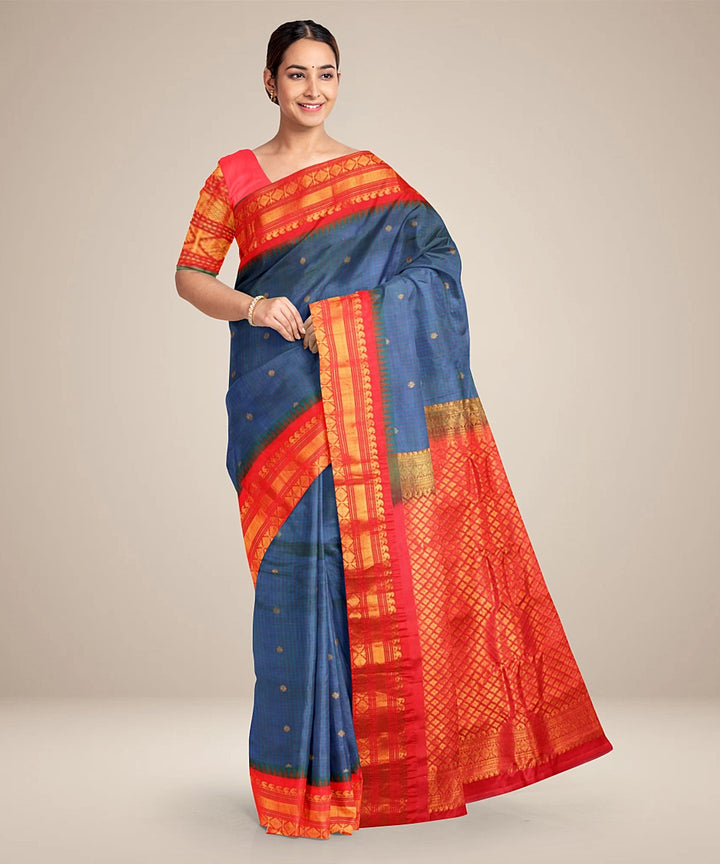 Blue red handwoven silk gadwal saree