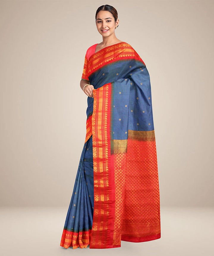 Blue red handwoven silk gadwal saree